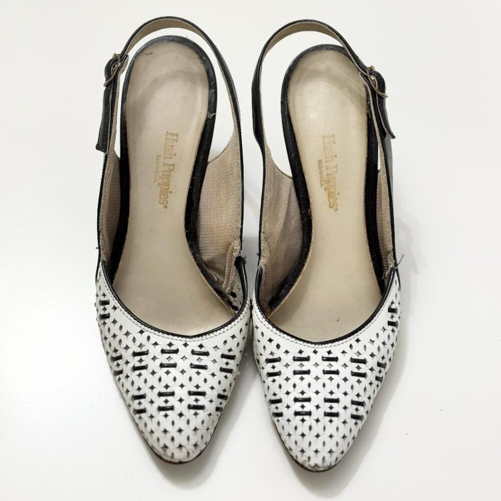 Women's Vintage Retro Black and White Slingback Heels Pumps, Size 7